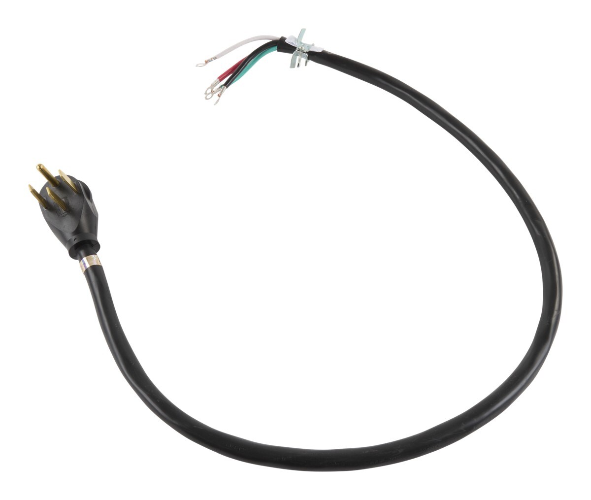 4' Electric Range Power Cord, rated 50 A, 4-wire with ring terminal connectors, and right-angle 4-prong plug - Black