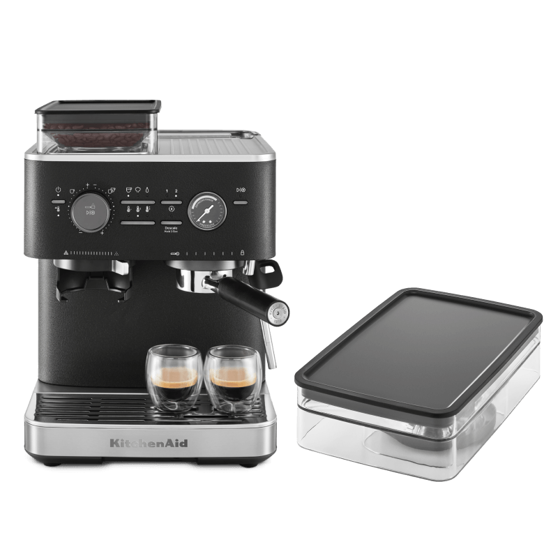 Coffee Set: Semi Auto Espresso + 8 Oz. Removable Bean Hopper - Cast Iron Black
