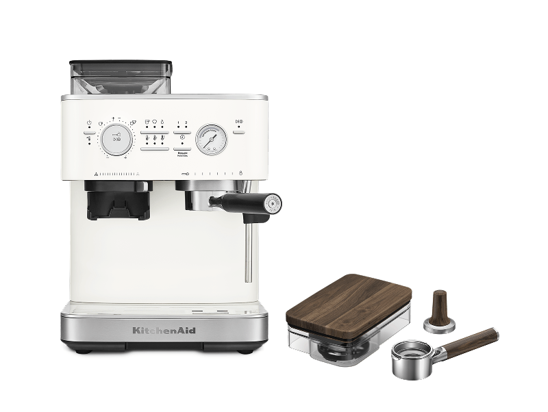 Semi Automatic Espresso Machine with Walnut Wood Accessory Kit - Porcelain White